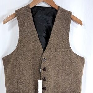 VOBOOM Herringbone Tweed Vest Brown Wool Blend Waistcoat Men Slim Fit Small
